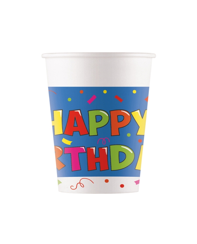 Vasos Papel 200ml Happy Bday Colores Fsc