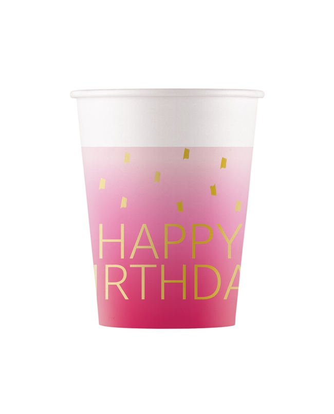 Vasos Papel 200ml Happy Bday Rosa Fsc