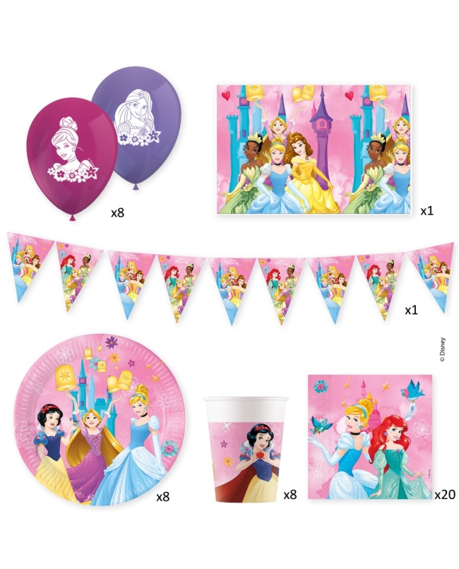 Caja Fiesta Princesas Disney (Platos, servilletas, vasos, globos latex, guirnalda y mantel)