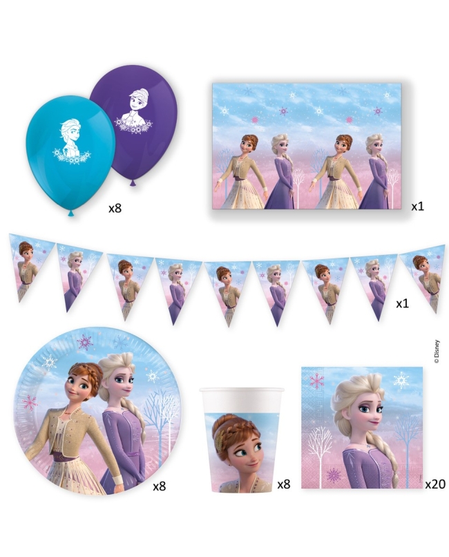 Caja Fiesta Frozen (Platos, servilletas, vasos, globos latex, guirnalda y mantel)