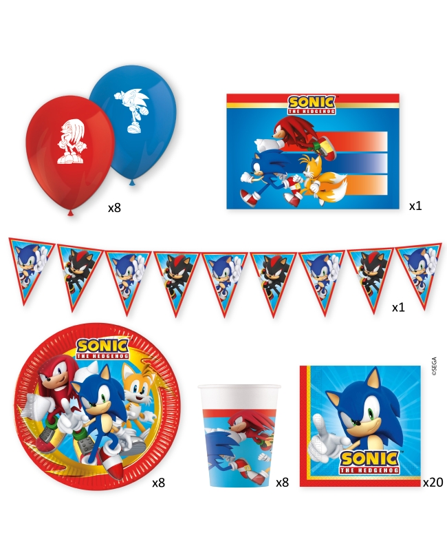 Caja Fiesta Sonic (Platos, servilletas, vasos, globos latex, guirnalda y mantel)