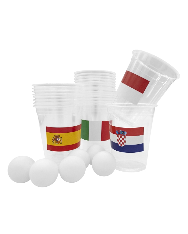 Juego Beber Ping Pong: 24 Vasos, 6 Bolas Y Pegatinas Banderas