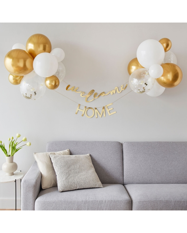 Backdrop Globos Bienvenido En Casa Kit Bebe Oro ***OFERTA DTO NO ACUMULABLE