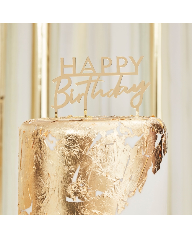 Adorno Pastel Happy Birthday Acrilico Oro ***OFERTA DTO NO ACUMULABLE